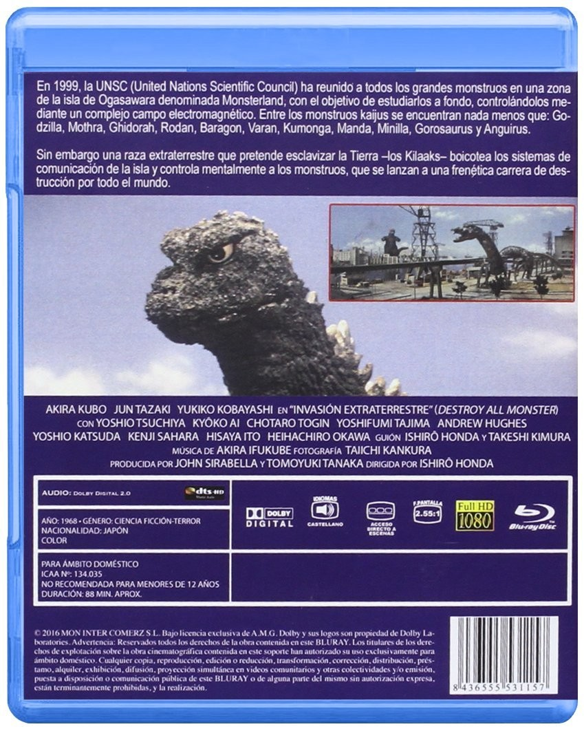 Contraportada del Blu-ray Invasión Extraterrestre con Godzilla, sinopsis, créditos y código de barras.