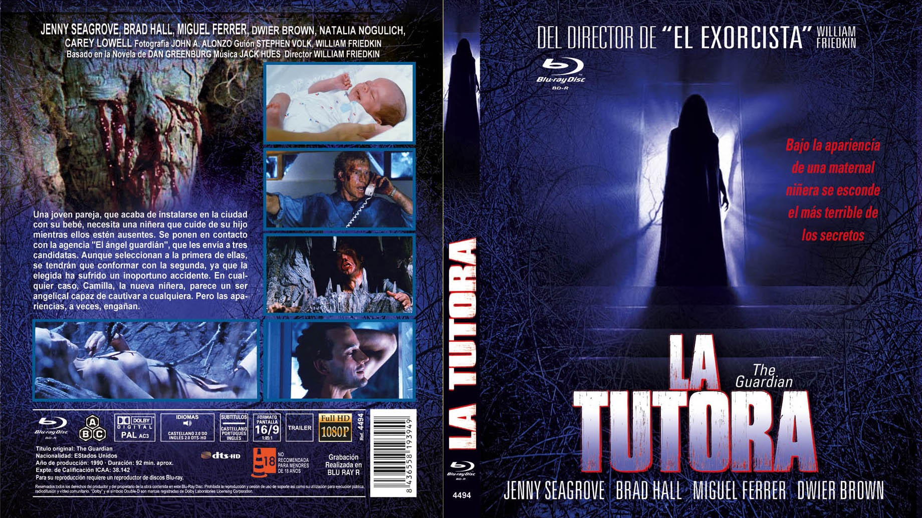 Carátula de Blu-ray de la película de terror La Tutora con una figura oscura y fotos de escenas.