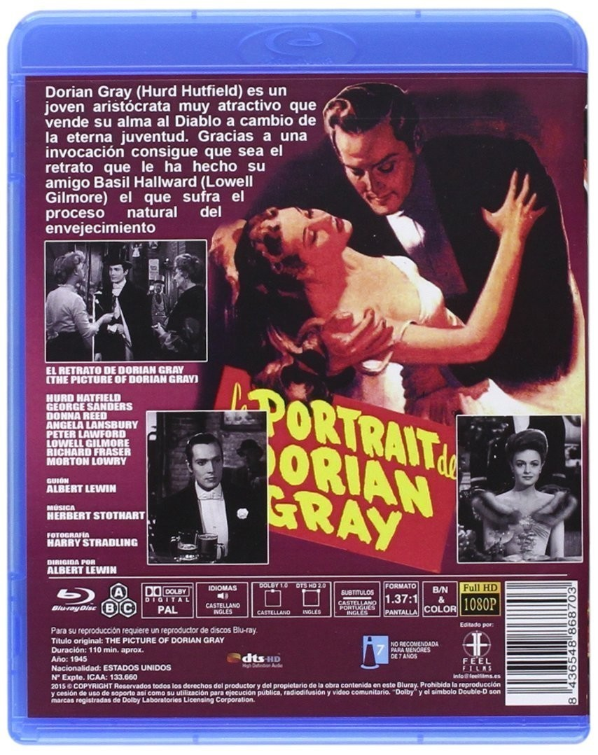 Parte trasera de la caja Blu-ray de The Picture of Dorian Gray con imágenes y texto.