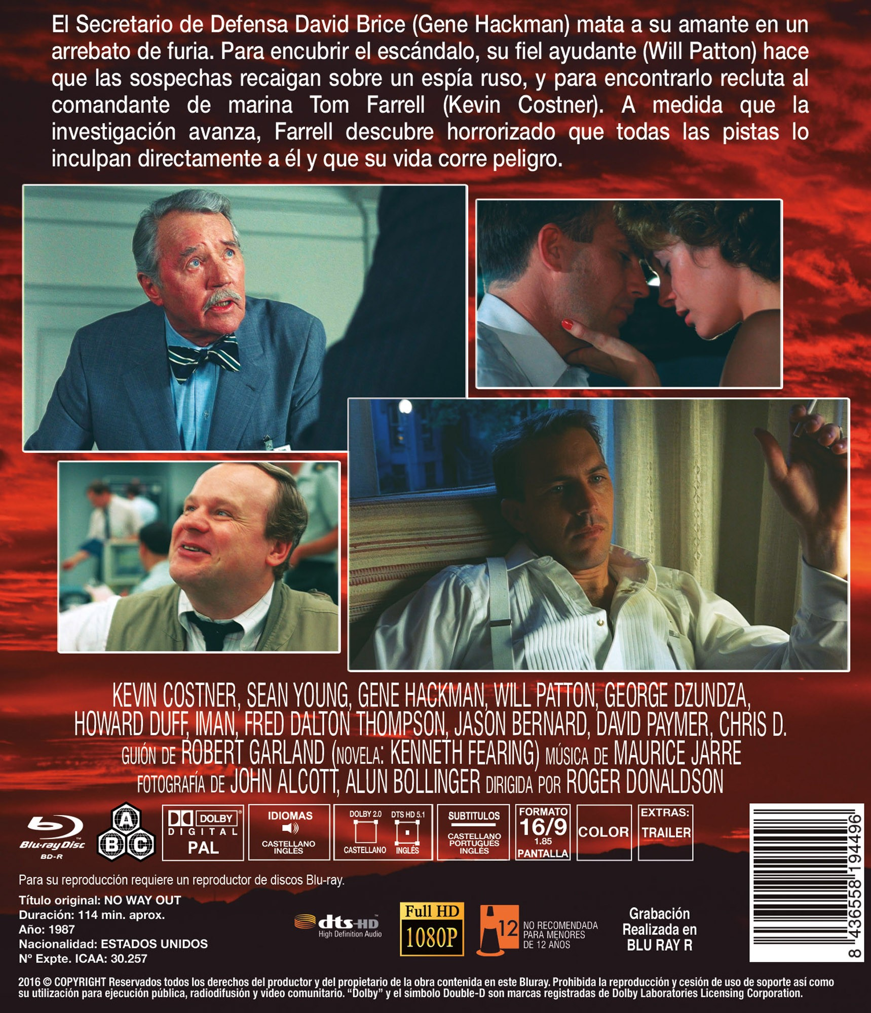 Contraportada del Blu-ray No Way Out con fotogramas, reparto y equipo sobre fondo rojo.
