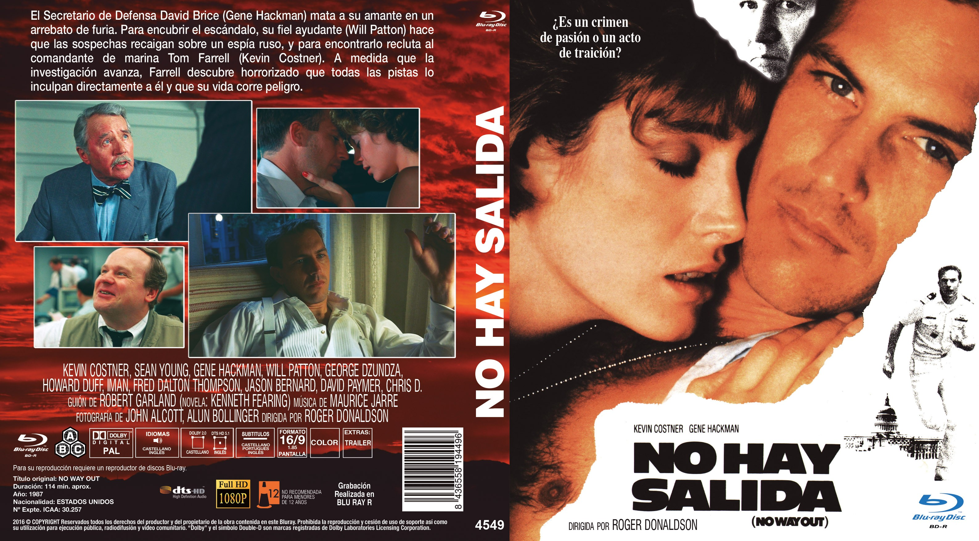 Carátula de DVD de No Way Out con Kevin Costner y Gene Hackman, con escenas y texto en español.
