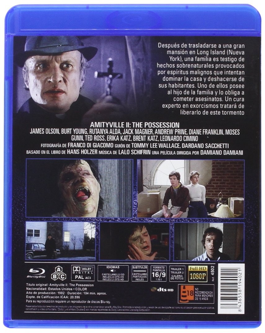 Parte trasera de la caja Blu-ray de Amityville II con escenas, sinopsis y créditos.