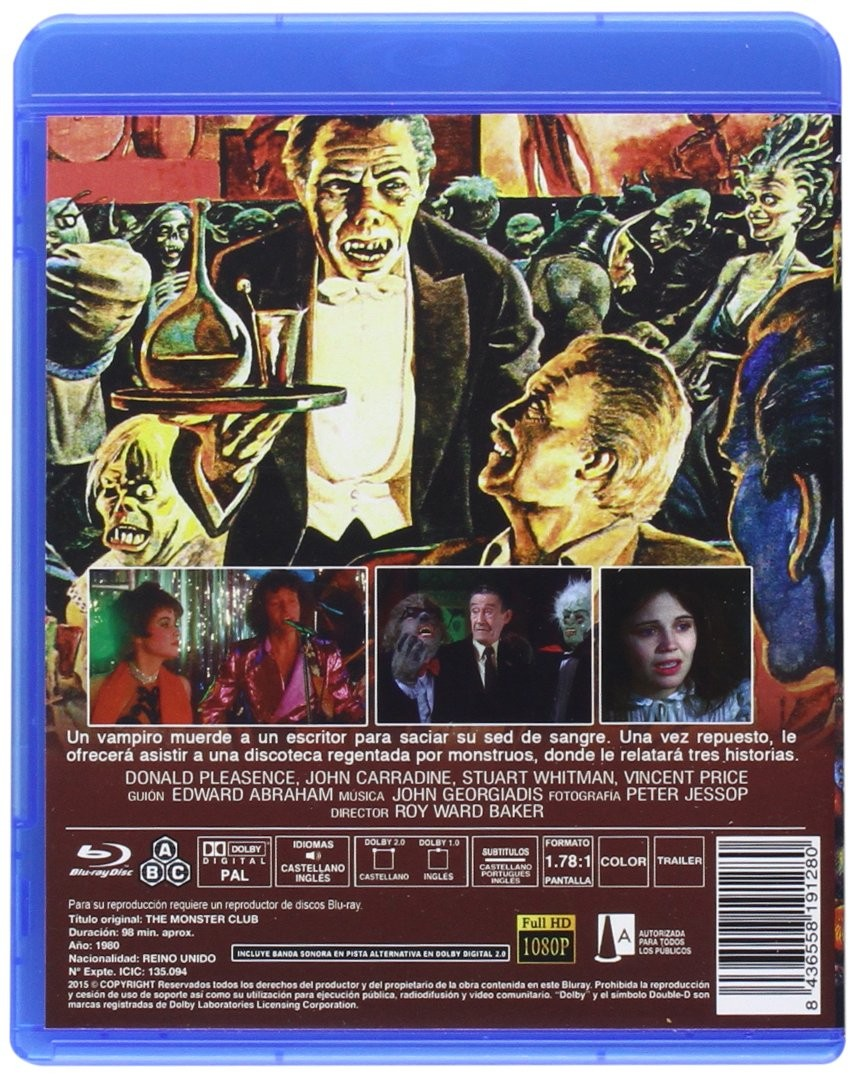 Contraportada del Blu-ray de The Monster Club, con arte de terror, fotogramas, reparto y sinopsis.