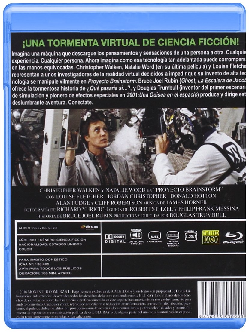 Contraportada de una caja de Blu-ray de Proyecto Brainstorm con imágenes del reparto y sinopsis.