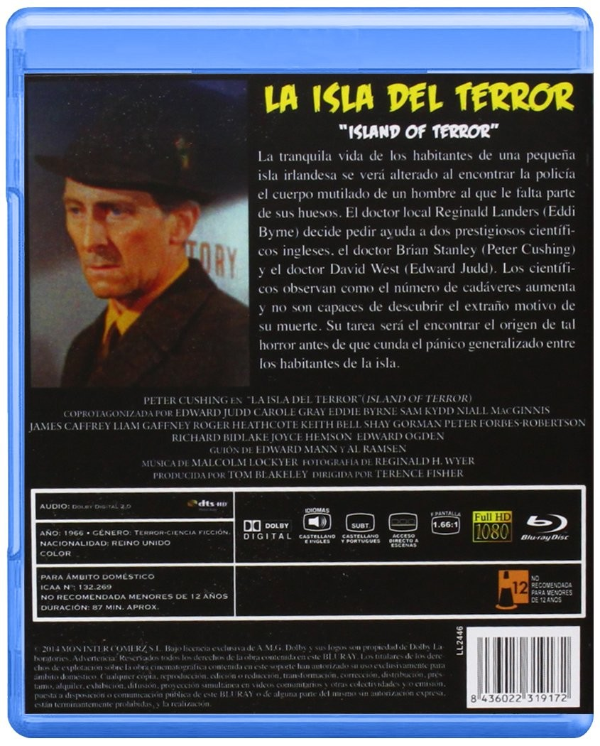 Contraportada de la caja Blu-ray de la película de terror 'La Isla Del Terror' con texto y detalles.
