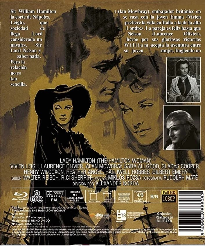 Caratula de Lady Hamilton con Vivien Leigh y Laurence Olivier, texto e imagenes.