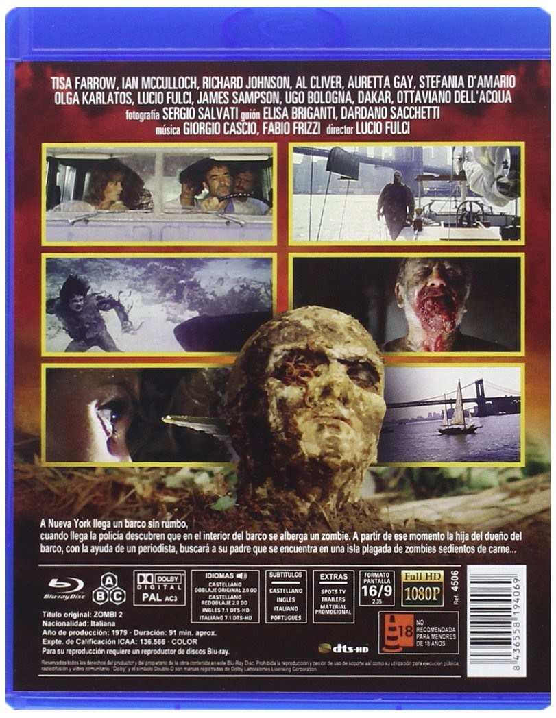Contraportada de Blu-ray con fotogramas de la película, texto y una cabeza zombi central.