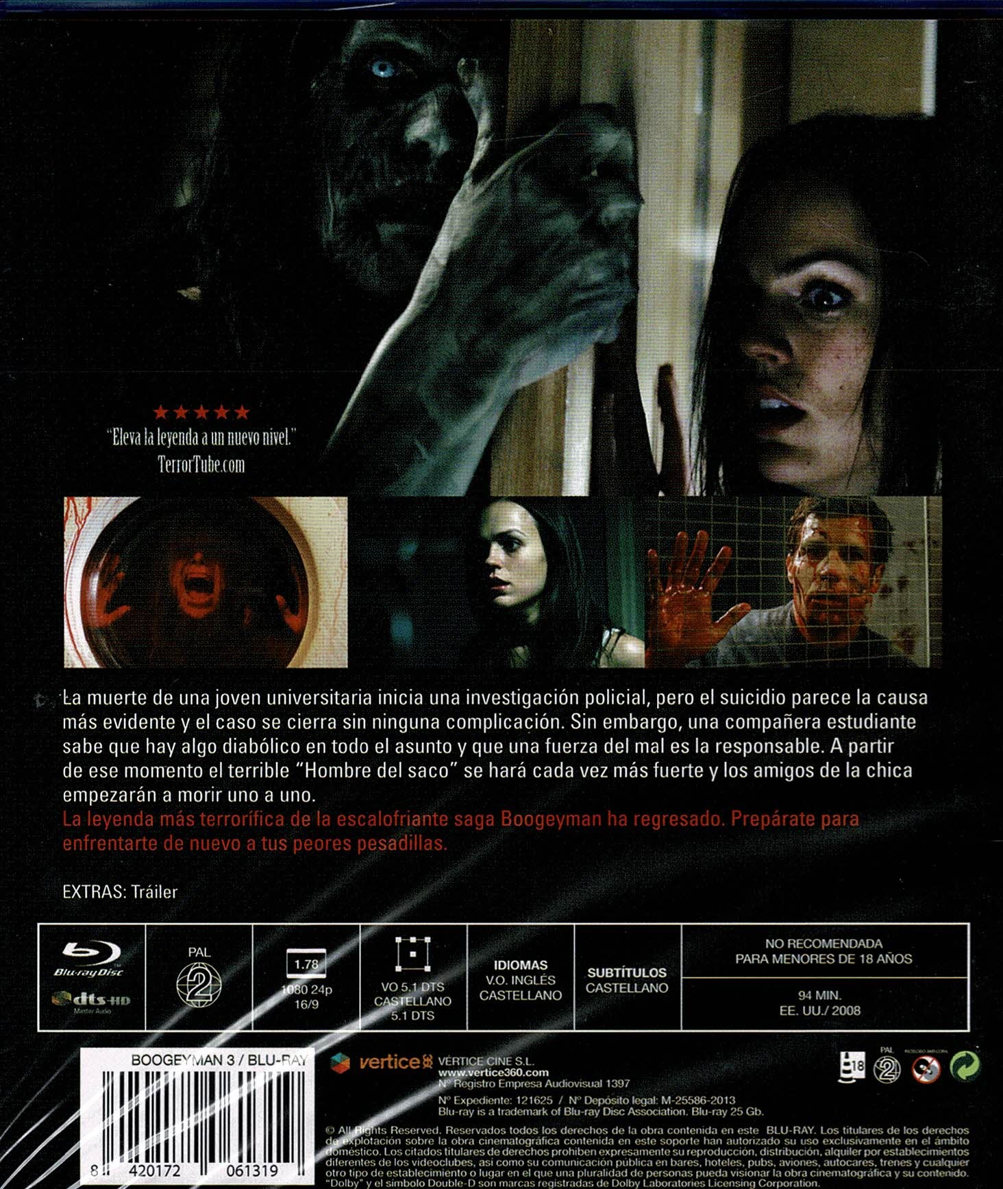 Contraportada del Blu-ray Boogeyman 3 con imágenes de la película, sinopsis, código de barras y detalles.