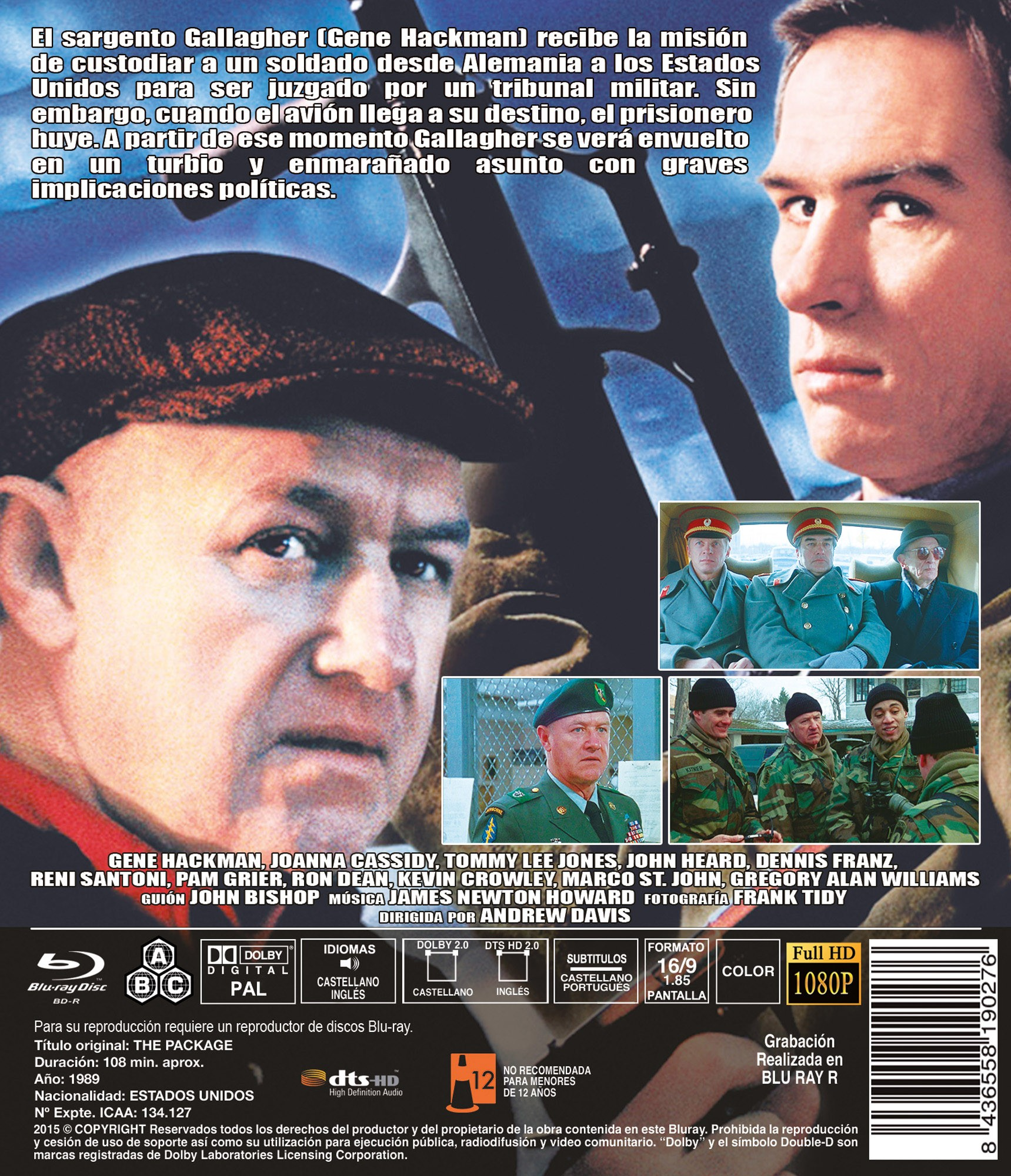 Carátula de DVD de la película "The Package" con Gene Hackman, Tommy Lee Jones, fotogramas y texto.