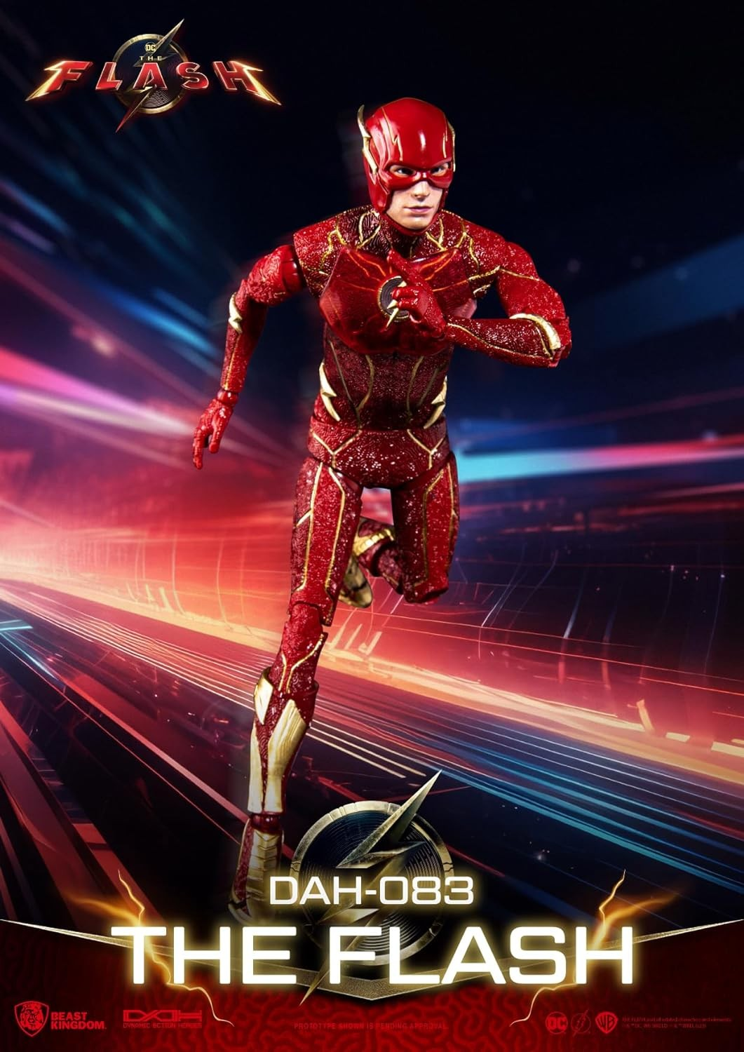 Una figura de acción de Flash corre sobre un fondo borroso de colores neón.