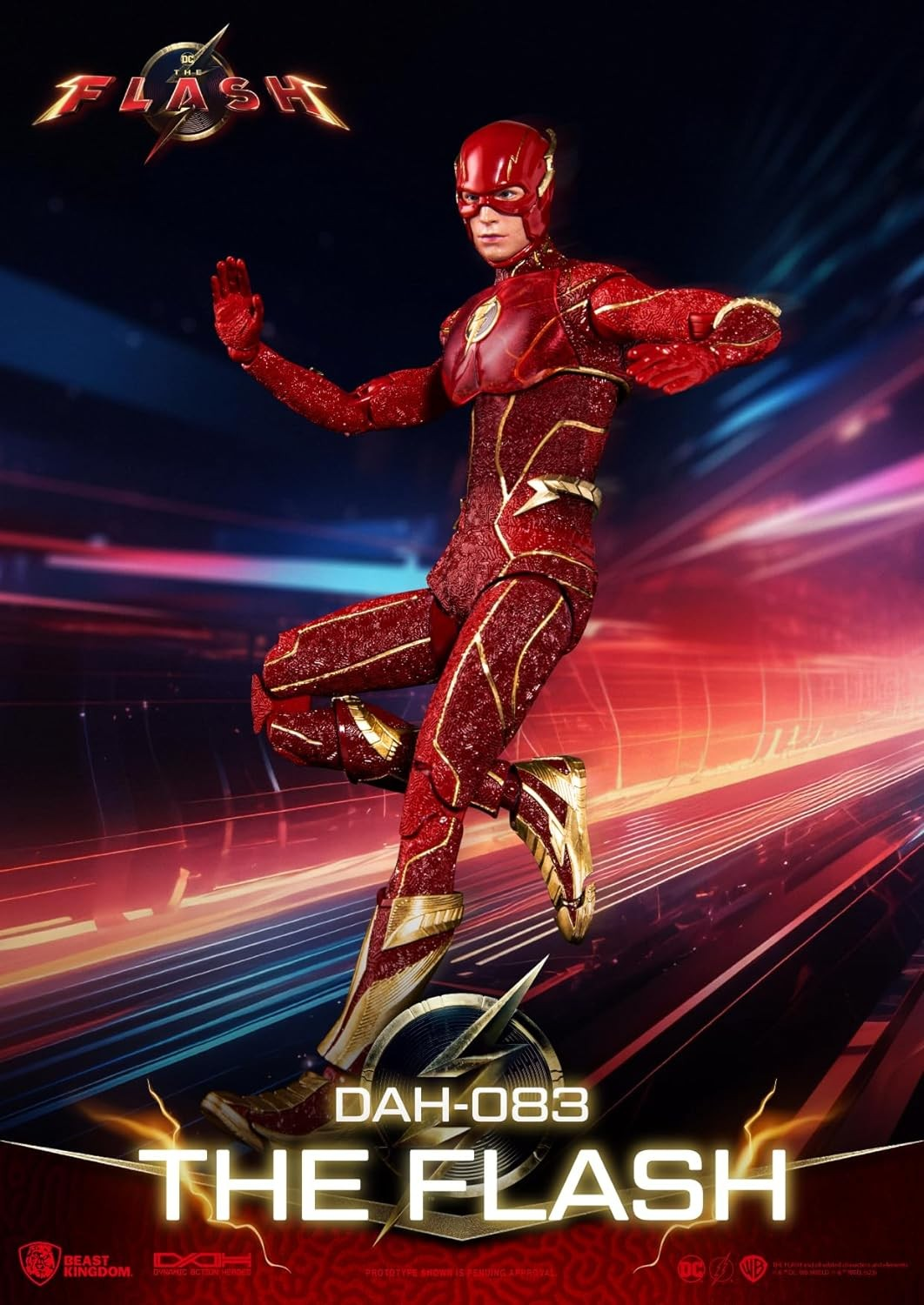 Figura de acción de The Flash con traje rojo y dorado sobre fondo borroso.