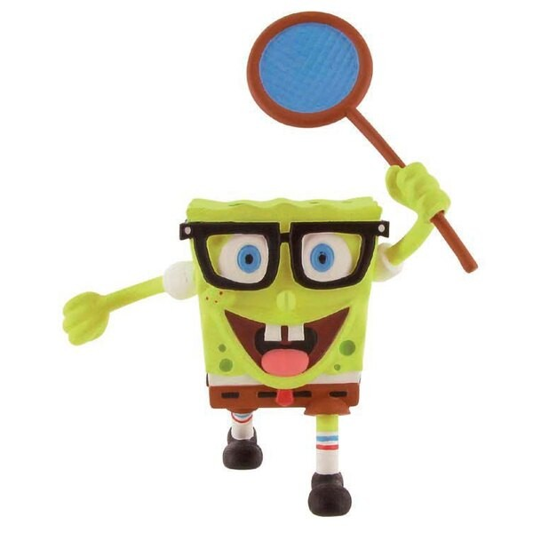 Figura de Bob Esponja con gafas y una red para medusas azul sobre fondo blanco.