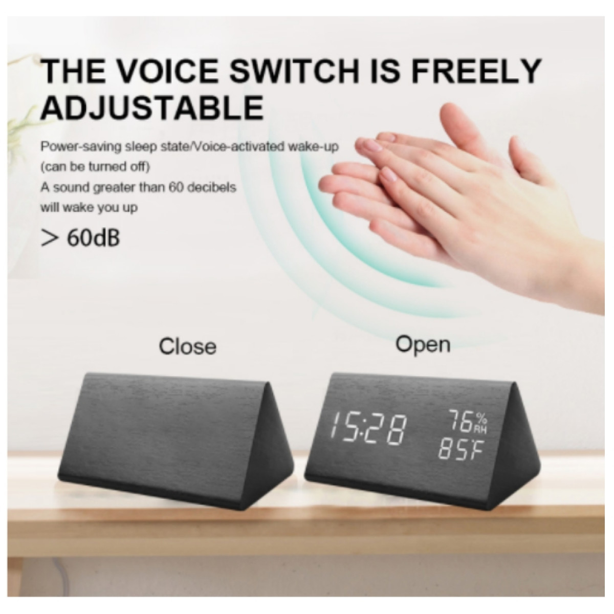 Voice-controlled wooden clock shows time and temperature when clapping.