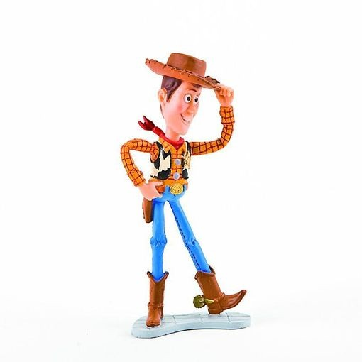 Una figura de acción de Woody de Toy Story con sombrero, camisa a cuadros y jeans azules sobre fondo blanco.