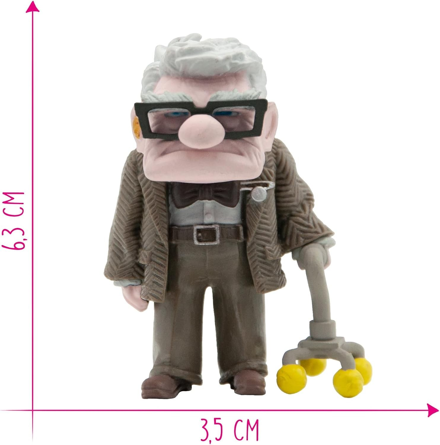 Figura de Carl Fredricksen de Up con bastón, gafas y traje marrón, de 6,3 cm de alto.