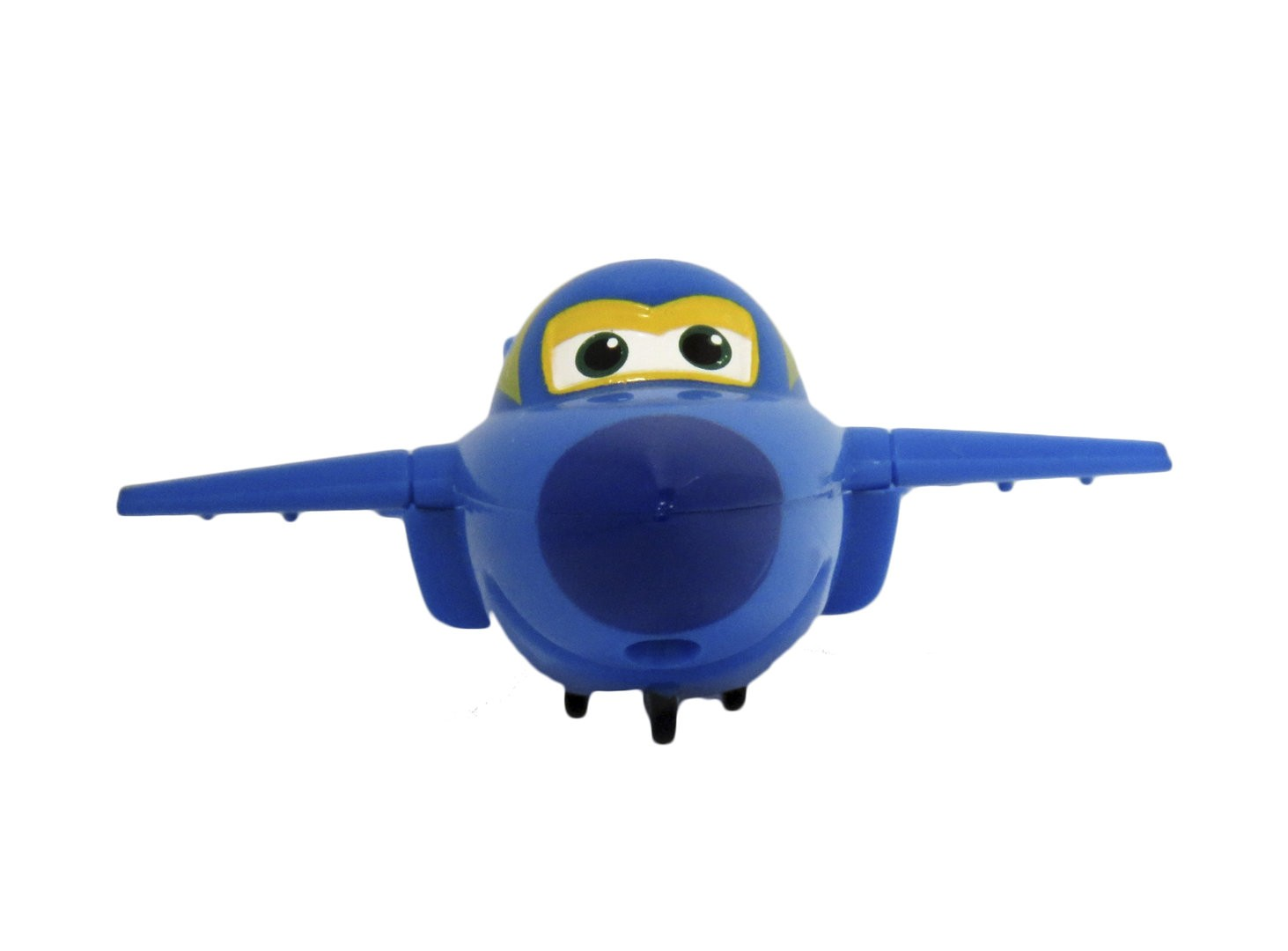 Un avioncito de juguete azul con grandes ojos y alas extendidas sobre fondo blanco.