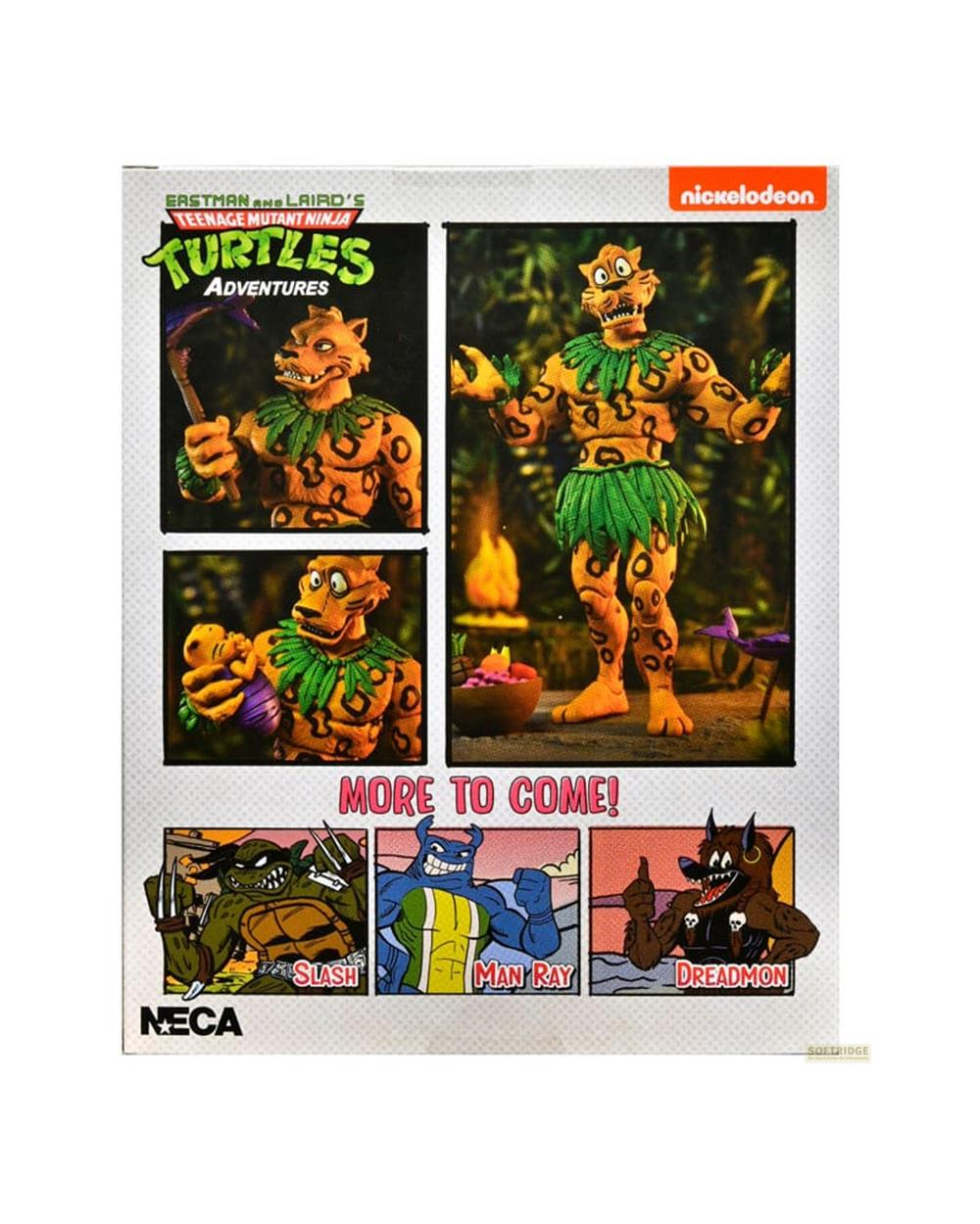 Parte trasera de la caja de figuras de acción de TMNT con Dreadmon, Man Ray, Slash y un leopardo.
