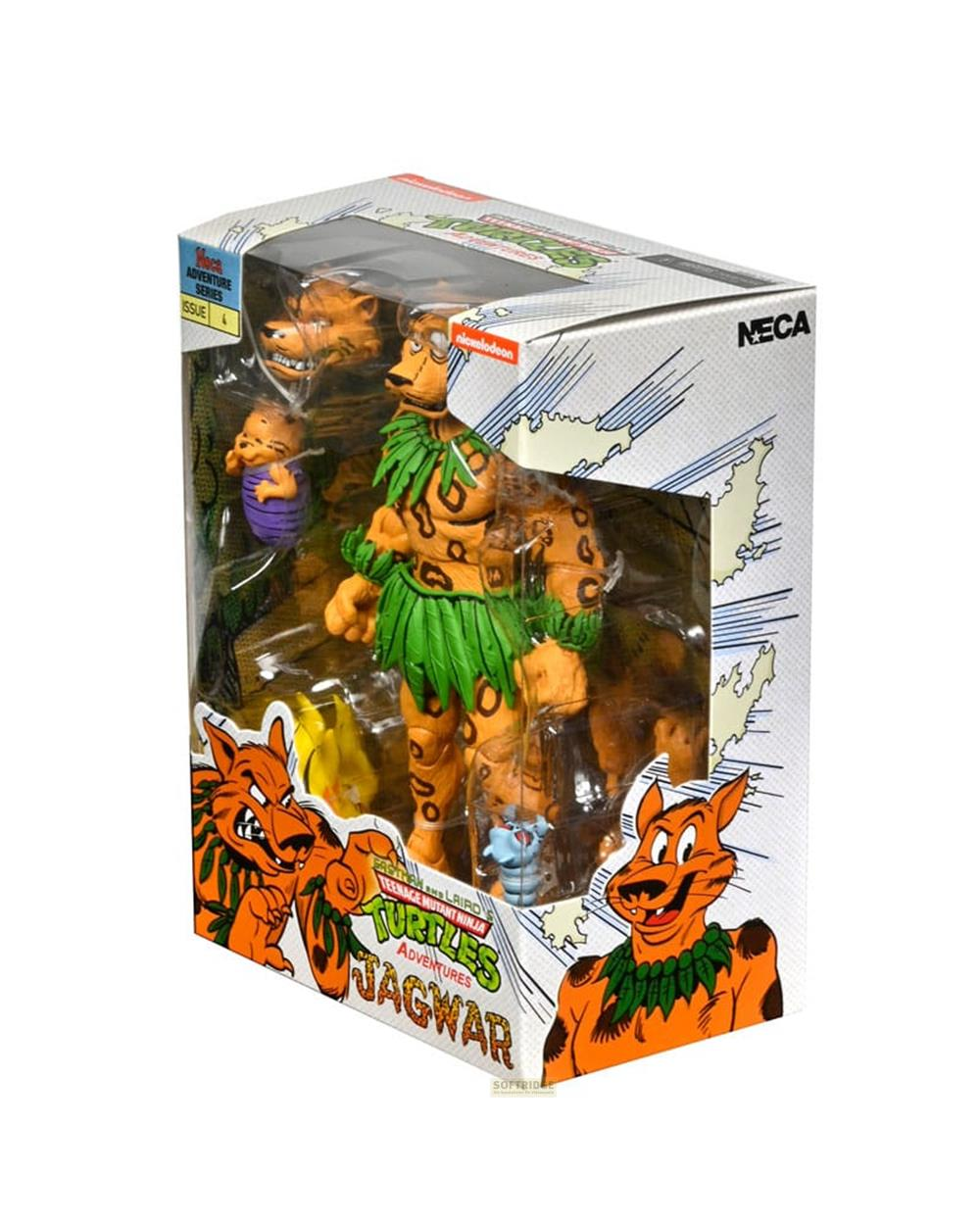 Figura de acción Jagwar de Tortugas Ninja NECA en caja con accesorios.