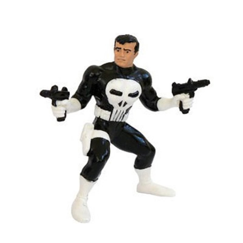 Una figura de acción de Punisher en traje blanco y negro con dos armas.