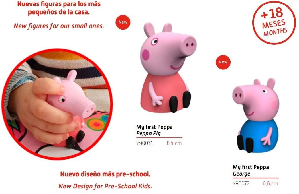 Figuras de Peppa Pig y George para niños con texto en español e inglés.