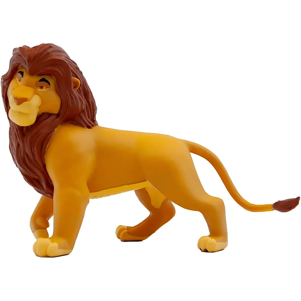 Una figura de plástico de Mufasa de El Rey León con melena marrón y cuerpo amarillo sobre fondo blanco.