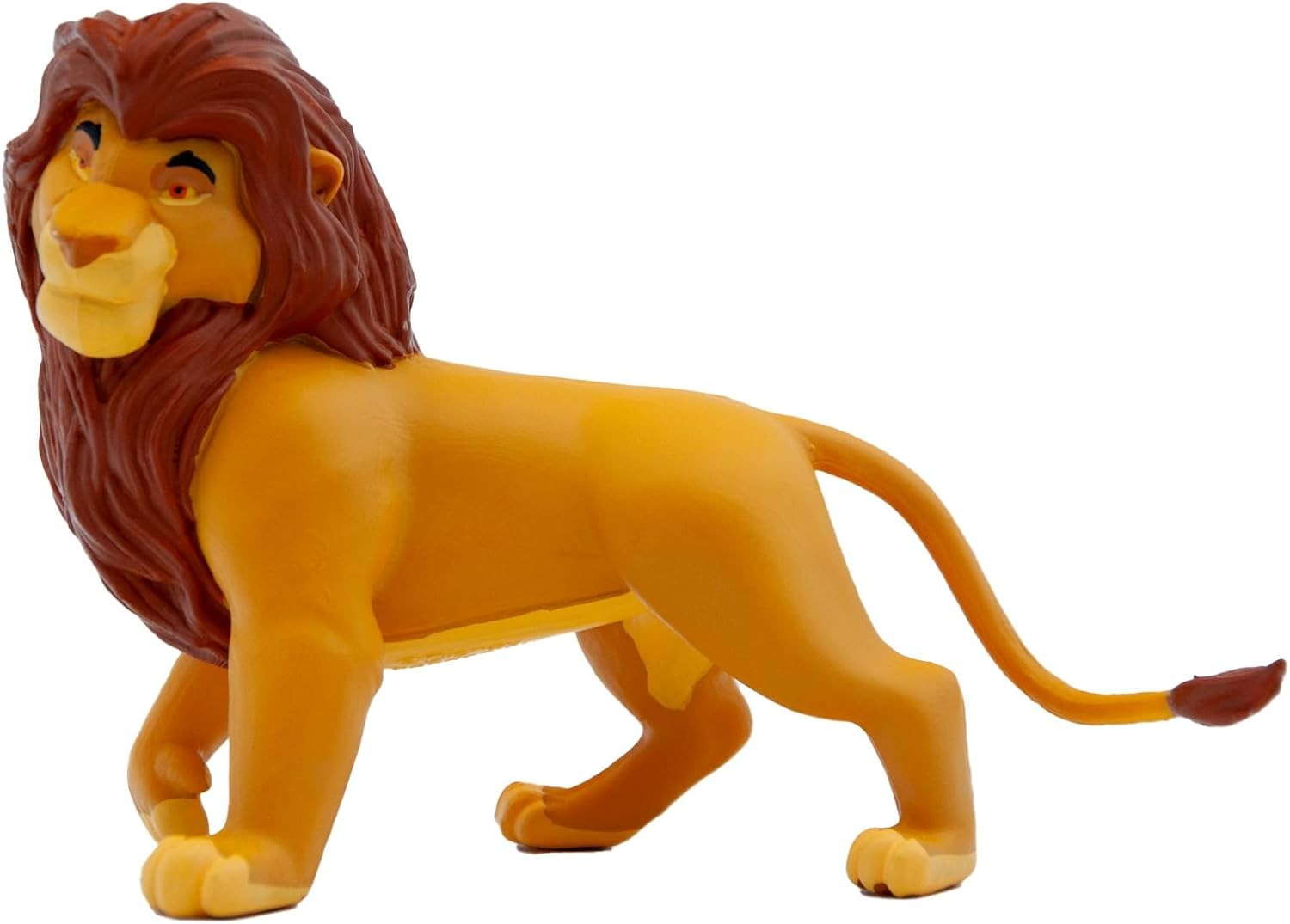Una figura de plástico de Mufasa de El Rey León con melena marrón sobre fondo blanco.