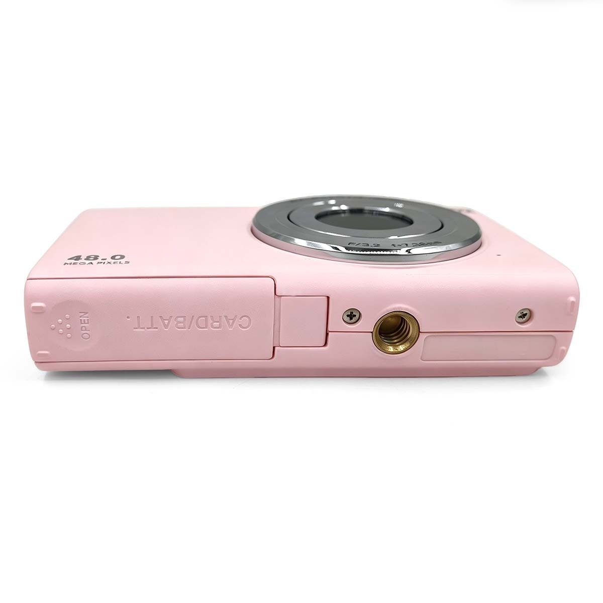 Bottom view of a pink digital camera showing a tripod mount, battery door, and 48.0 mega pixels text on a white background.