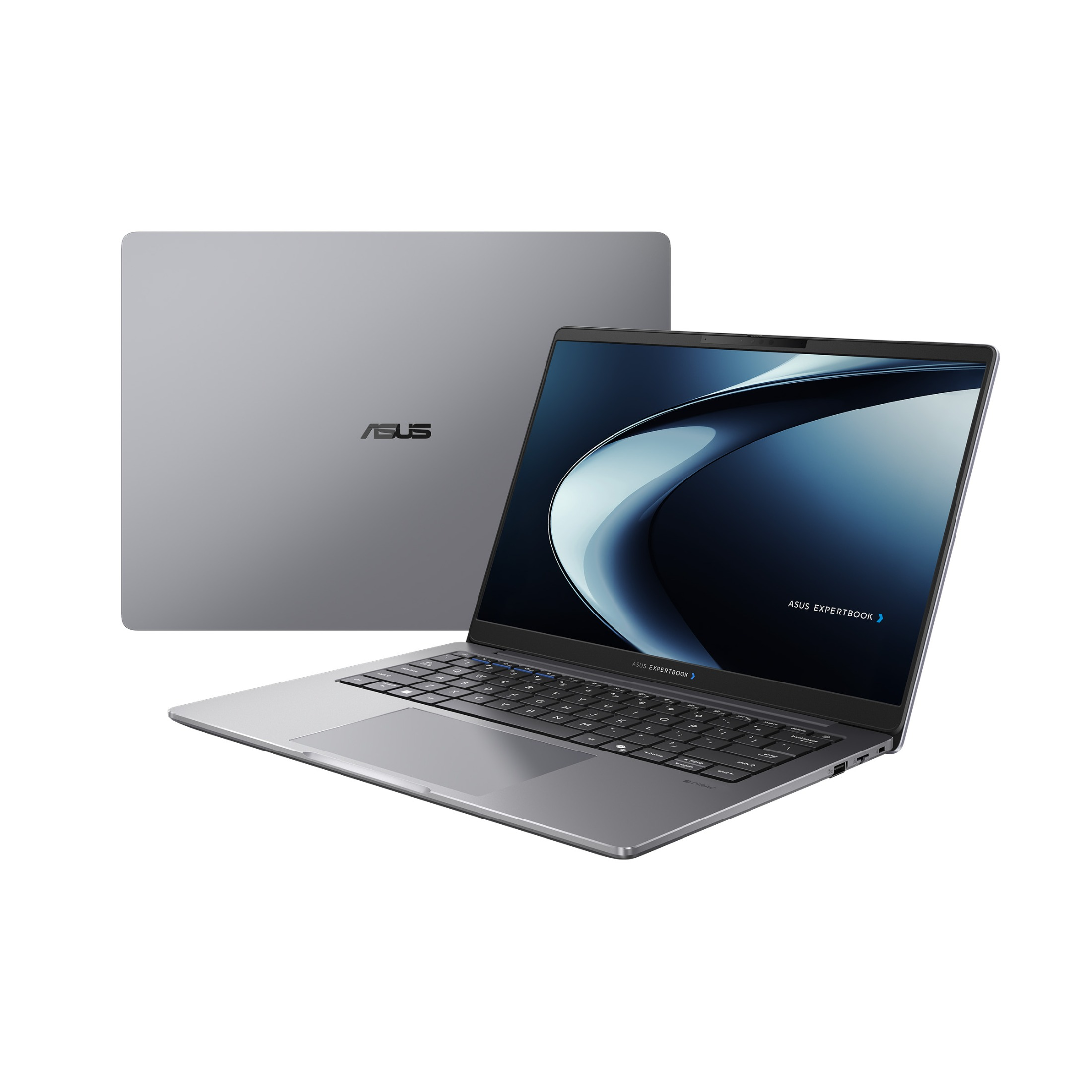 Grauer Asus ExpertBook Laptop, geöffnet und im Hintergrund geschlossen, vor weißem Hintergrund.