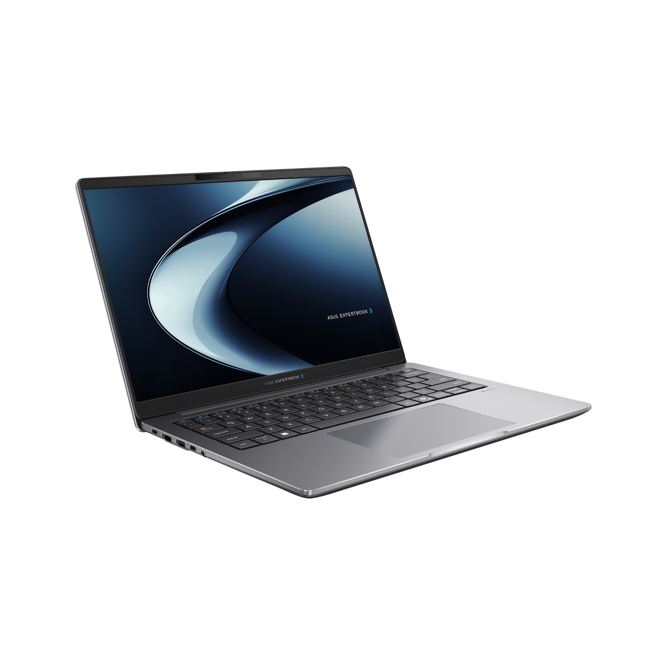 Ein silberner Asus ExpertBook Laptop ist auf weißem Hintergrund leicht schräg dargestellt.