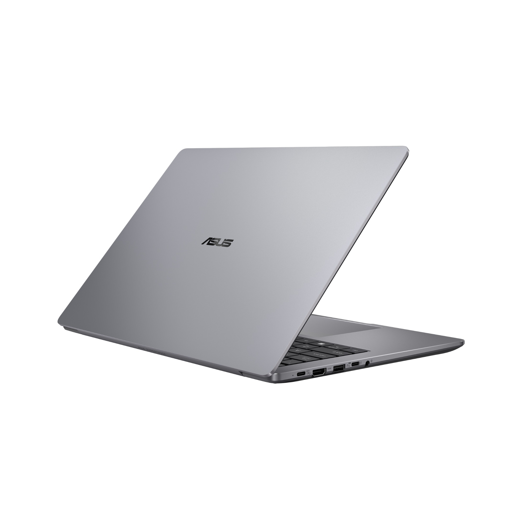 Ein silberner Asus-Laptop steht auf einer weißen Oberfläche und zeigt die Rückseite mit dem Markenlogo.