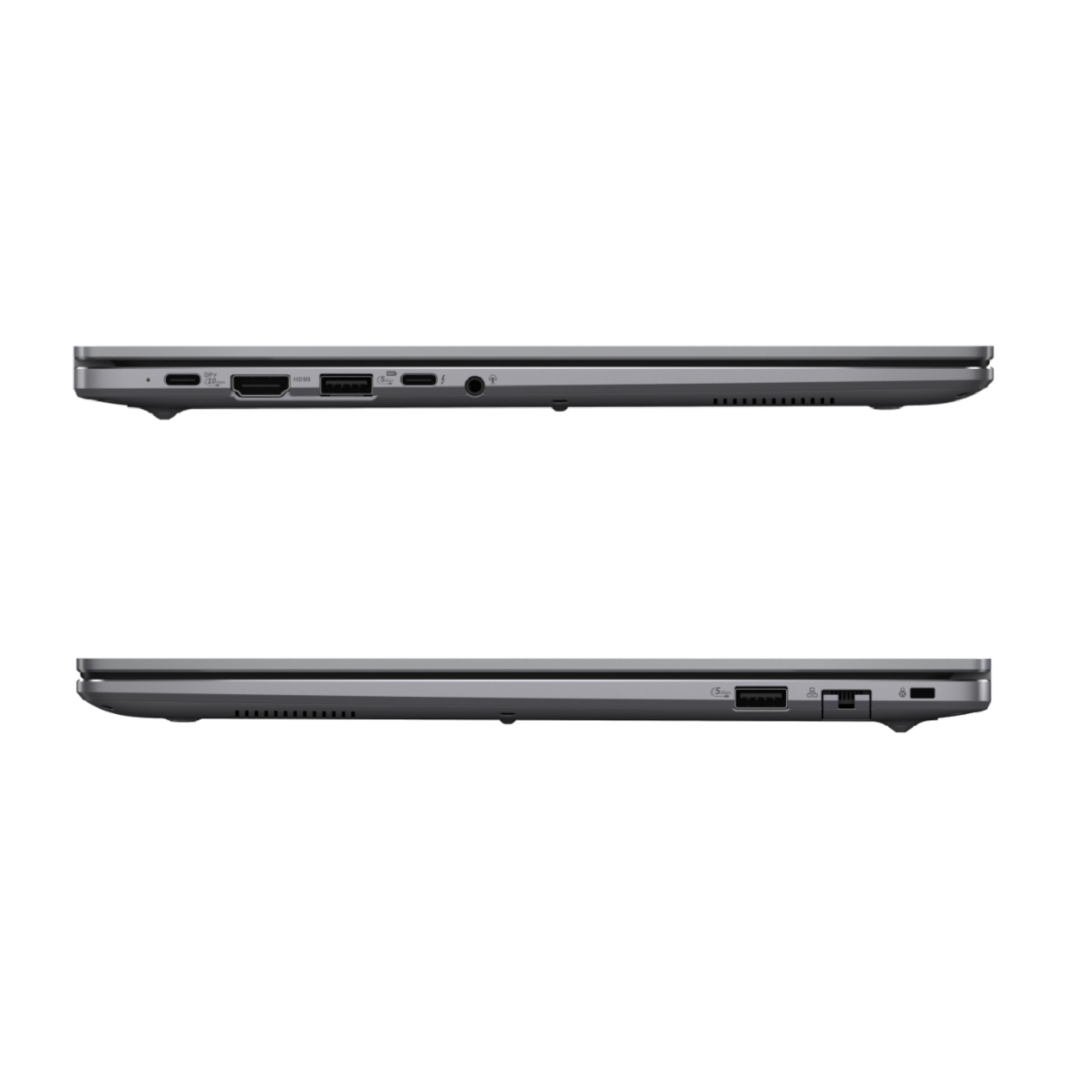 Seitenansichten eines grauen Laptops mit verschiedenen Anschlüssen wie USB-C, HDMI und Ethernet.