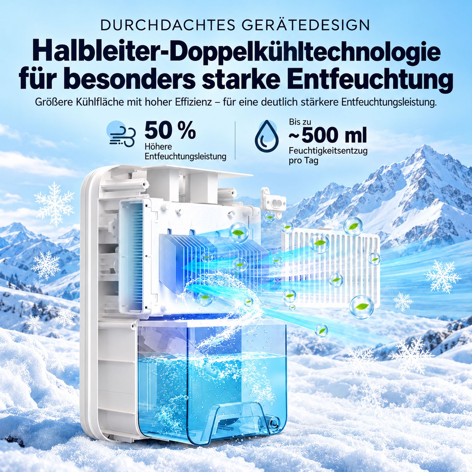 Ein Luftentfeuchter im Schnee mit doppelter Halbleiterkühlung und Wassertank vor schneebedeckter Bergkulisse.