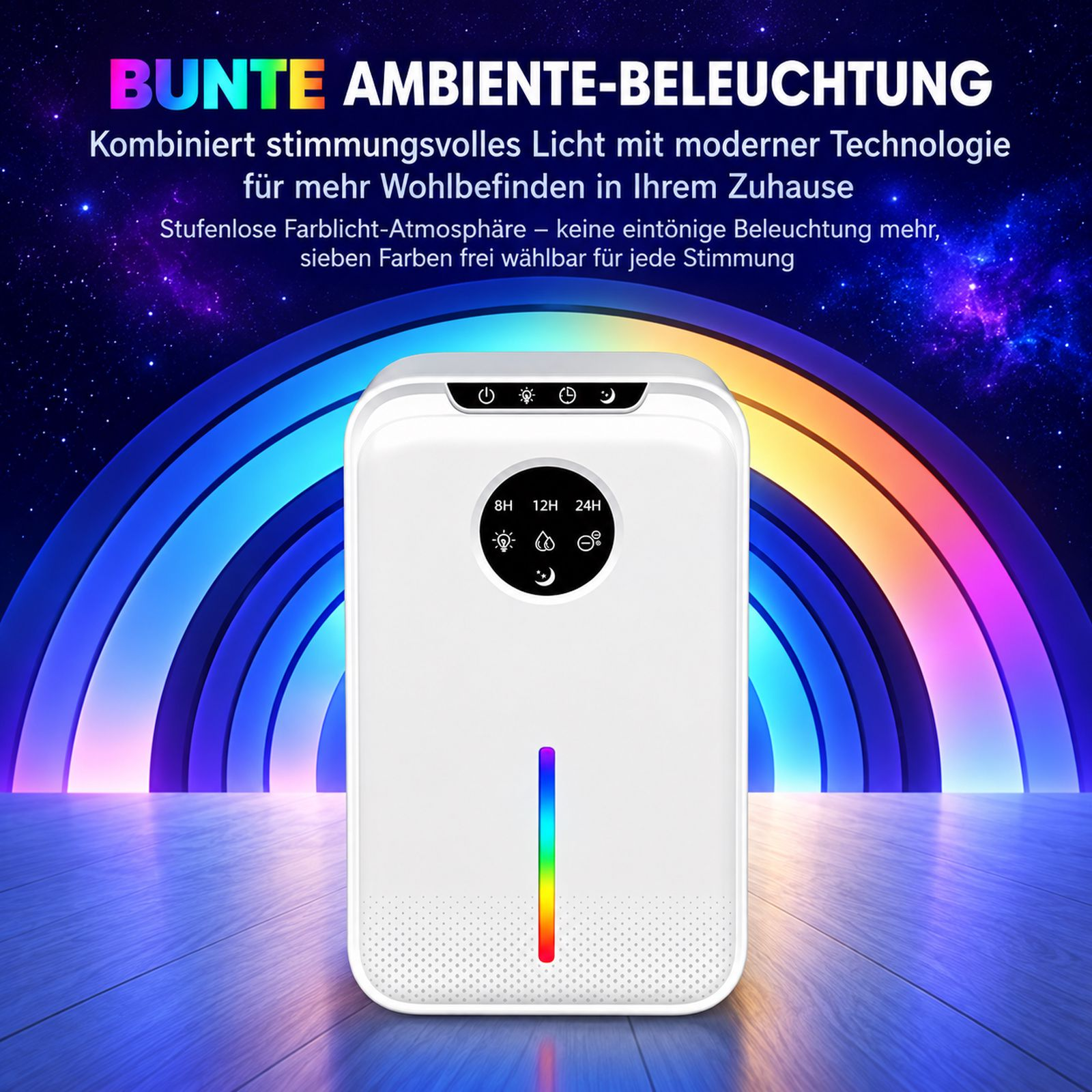 Weißer Luftentfeuchter mit farbiger LED-Beleuchtung vor einem Regenbogen-Hintergrund.
