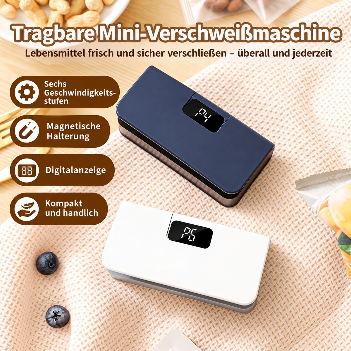 Blaue und weiße tragbare Mini-Verschweißmaschinen mit digitaler Anzeige auf einem Holztisch.