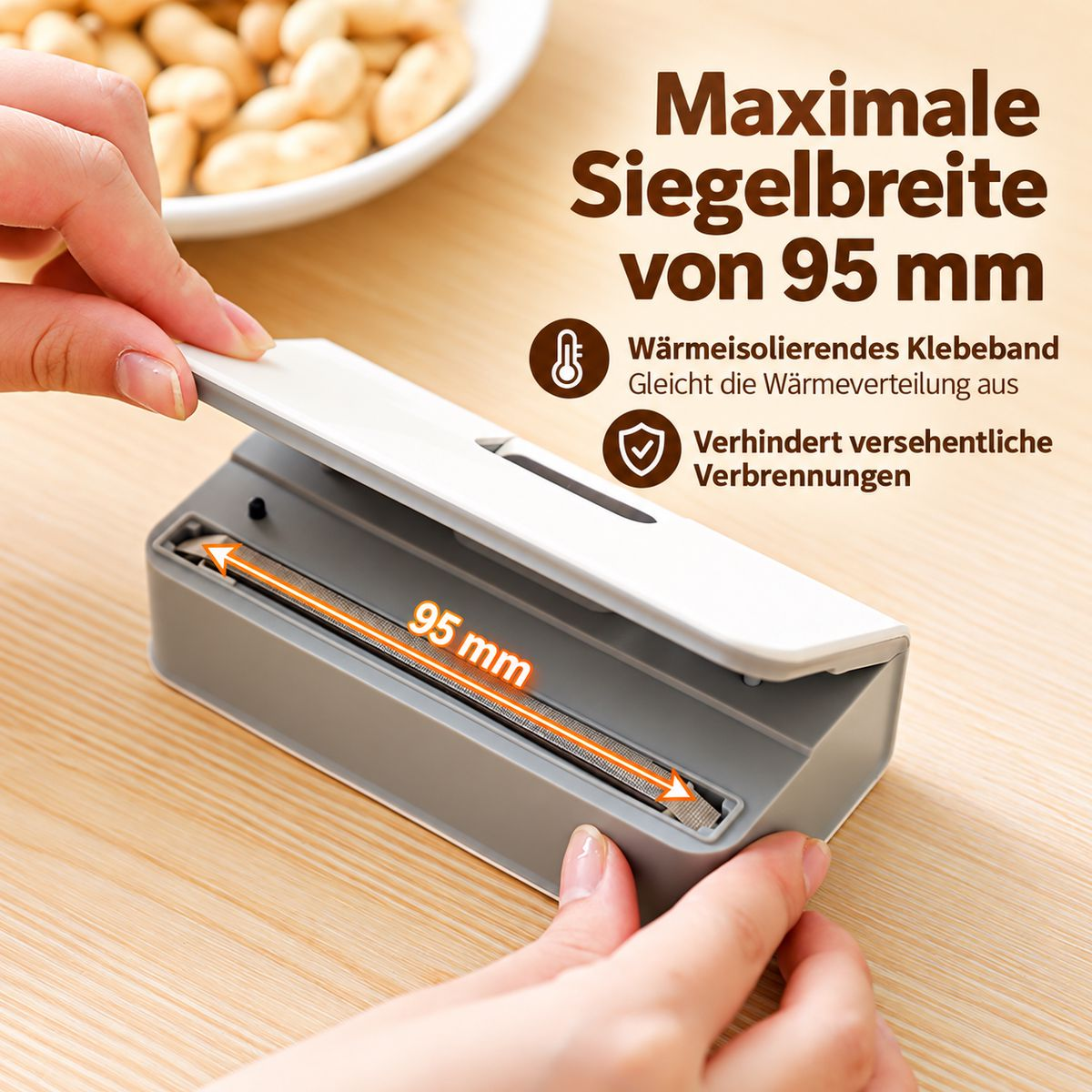 Haende oeffnen kleines Hand-Verschweissgeraet mit 95mm Siegelbreite und Textinhalten auf Holzgrund.