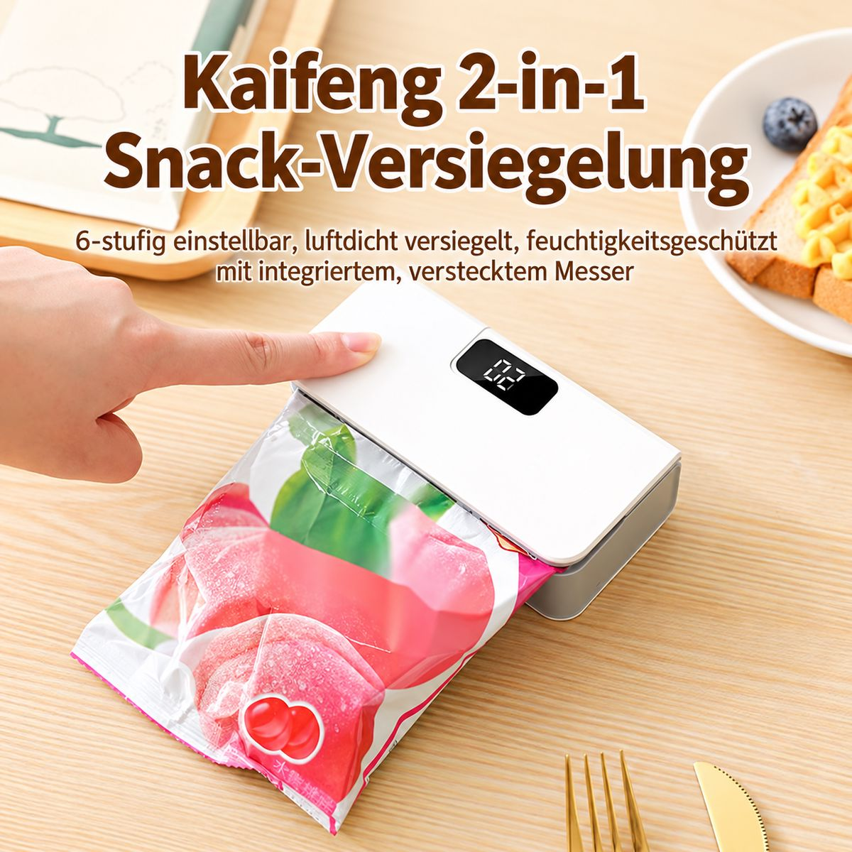Hand bedient ein weißes Versiegelungsgerät für Snacktüten mit digitaler Anzeige auf einem Holztisch.