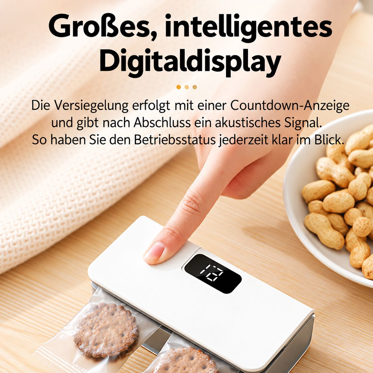 Hand drückt auf ein weißes Vakuumiergerät mit digitalem Display, während Kekse versiegelt werden.