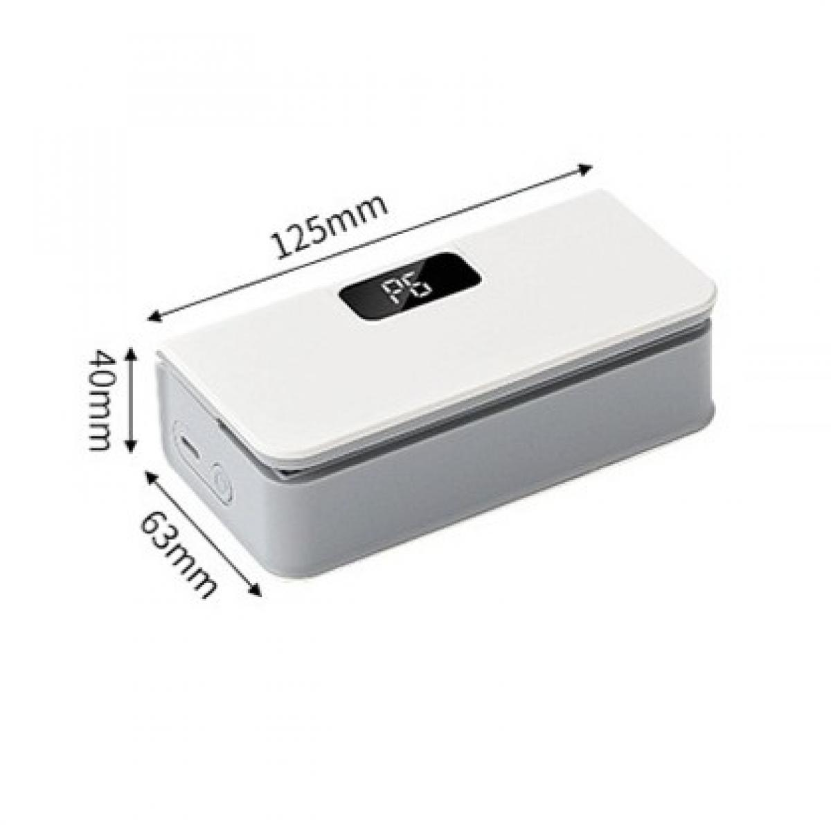 Weiß-graues elektronisches Gerät mit Abmessungen: 125mm lang, 63mm breit und 40mm hoch.