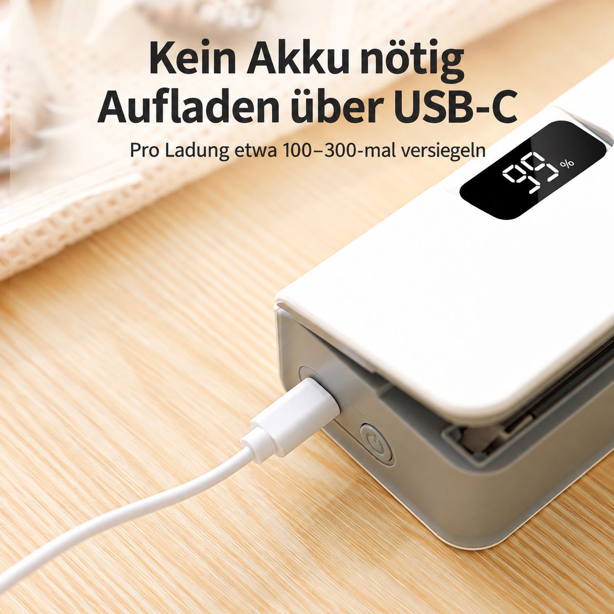 Weißes USB-C-Gerät auf Holzoberfläche mit digitaler Anzeige und Ladekabel.