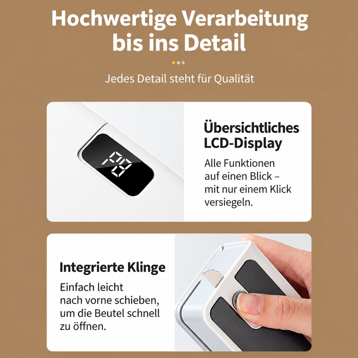 Produktmerkmale mit LCD-Display und integrierter Klinge auf braunem Hintergrund.