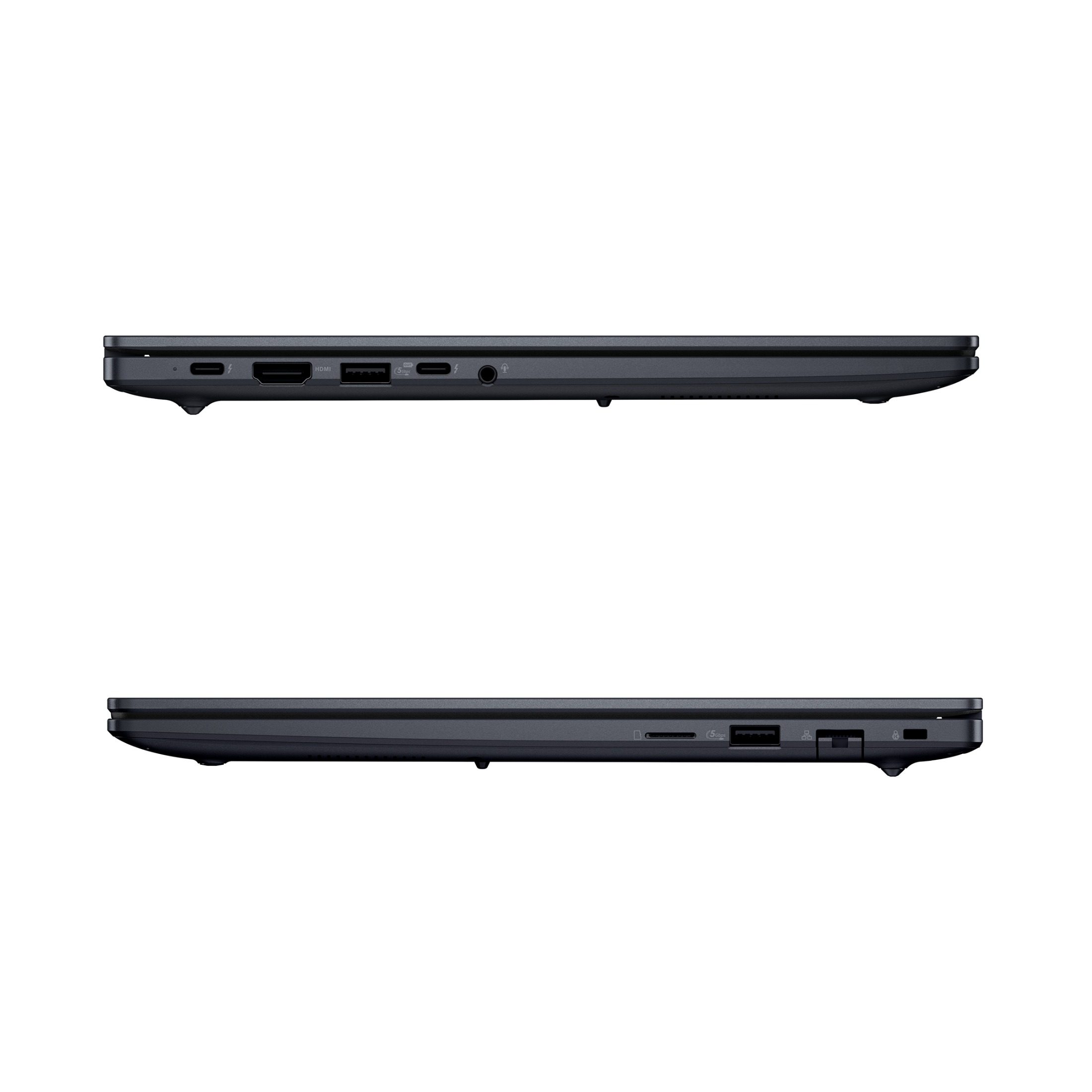 Seitenansicht eines geschlossenen dunklen Laptops mit verschiedenen Anschlüssen.