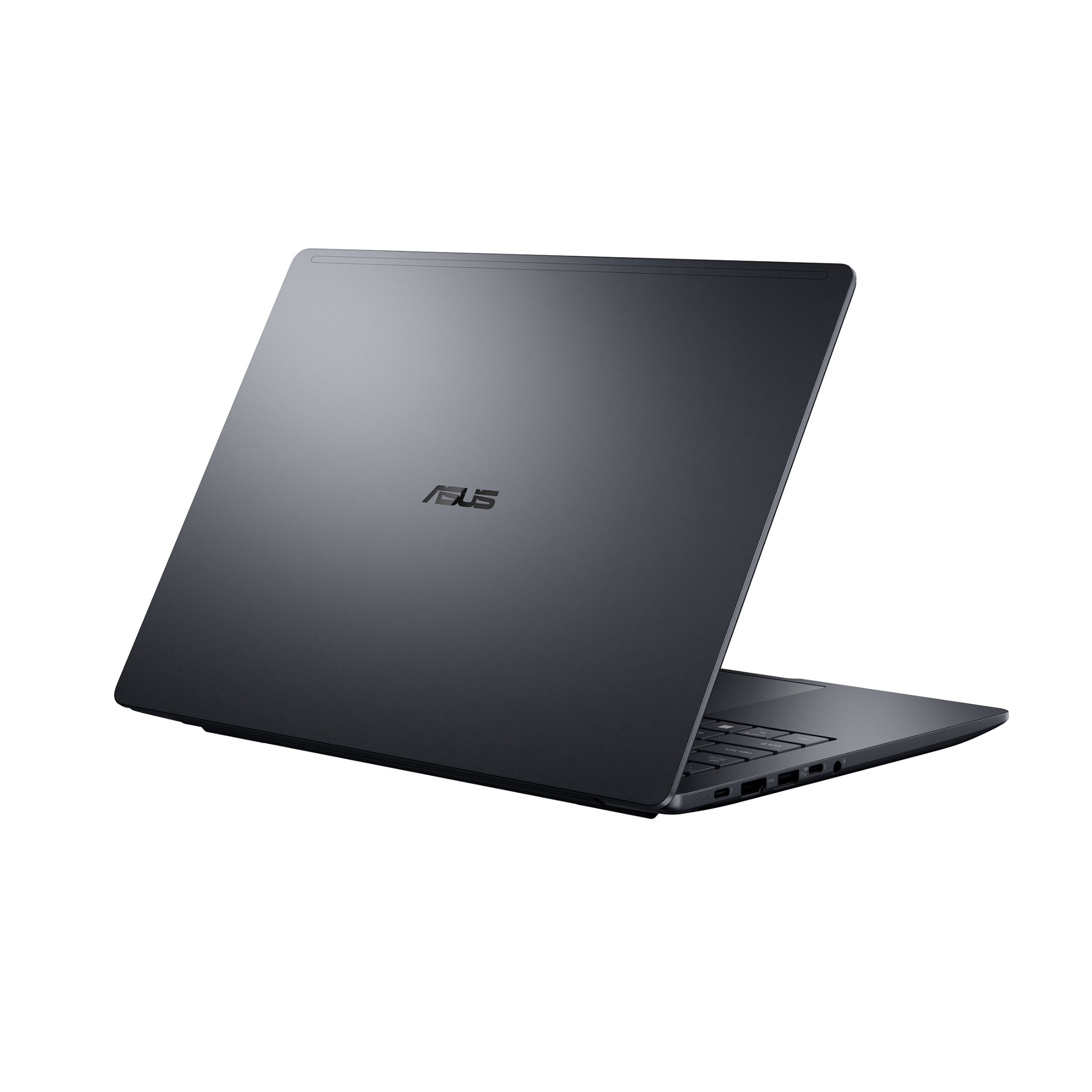 Ein grauer Asus-Laptop steht auf einer weißen Oberfläche, die geschlossene Rückseite zeigt das Asus-Logo.