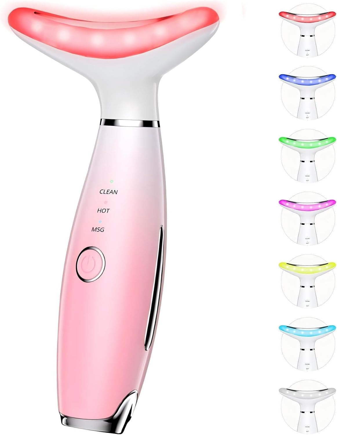 Ein rosafarbenes Gesichtsbeauty-Gerät mit leuchtend rotem Kopf, rechts mit verschiedenen Farbvarianten.