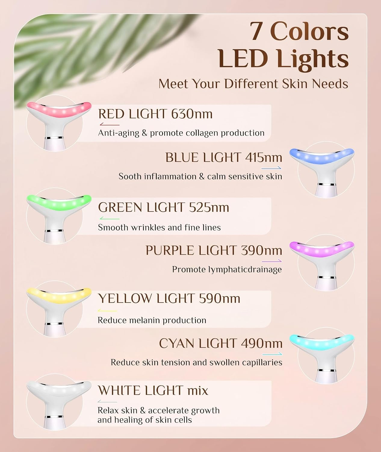 Produktwerbung für 7-Farben-LED-Licht-Hautpflegegerät mit verschiedenen Lichtmodi.