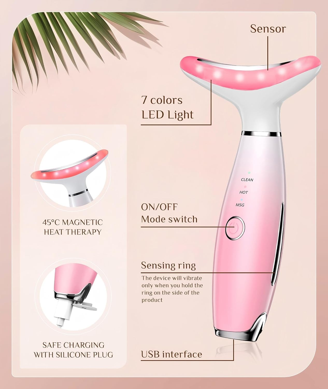 Rosa Gesichts- und Halsmassagegerät mit LED-Lichtern und Wärmetherapie.