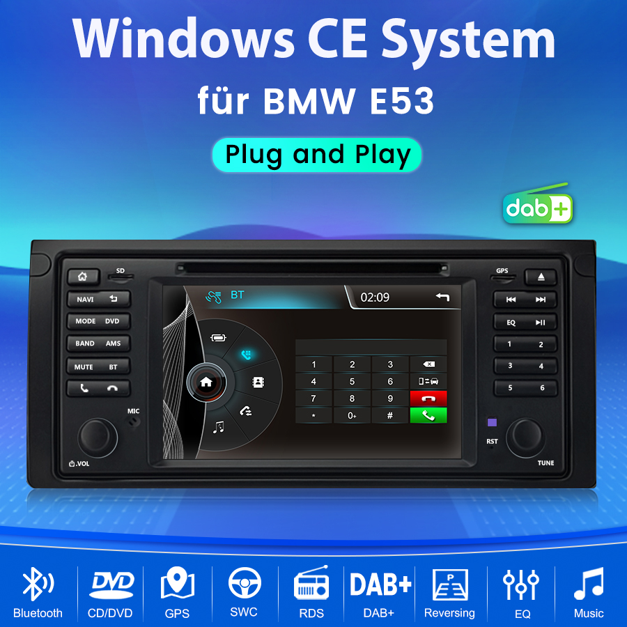 Windows CE Autoradio für BMW E53 mit Touchscreen und Tasten.
