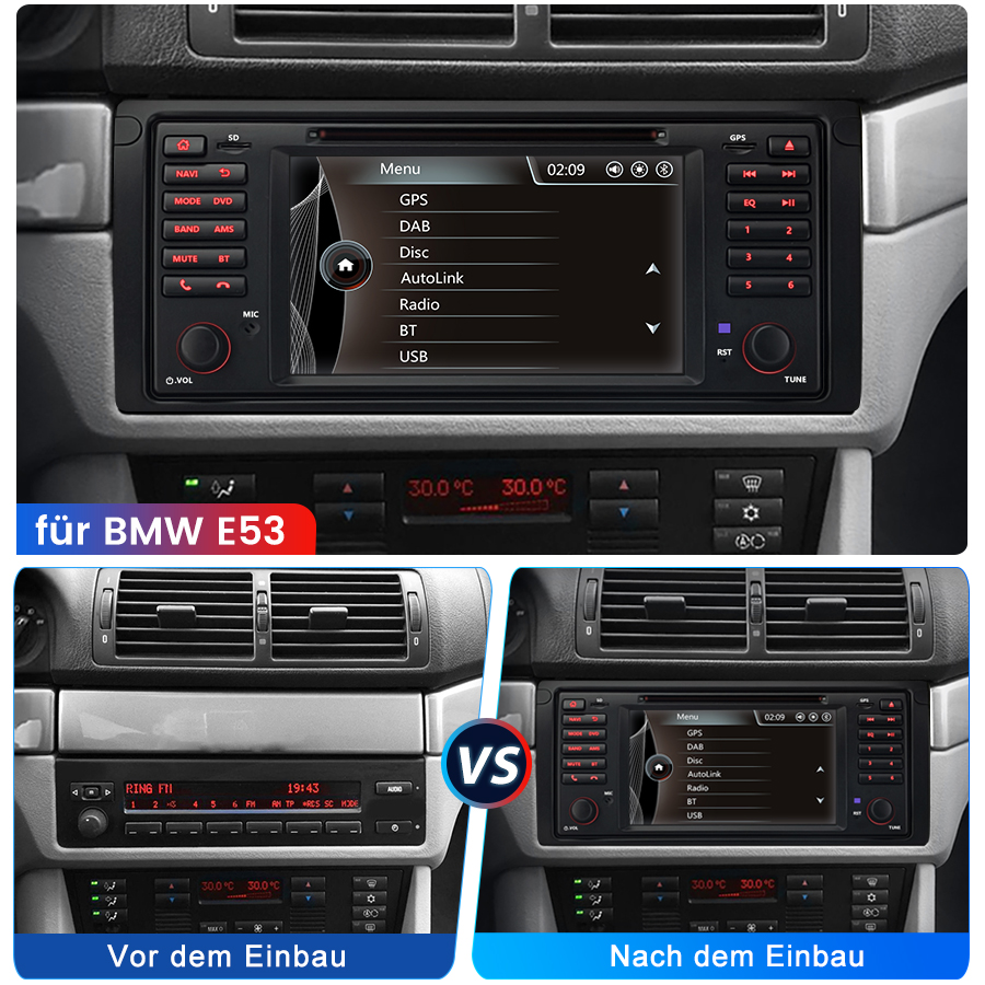Vergleichsbilder eines BMW E53 Armaturenbretts vor und nach dem Einbau eines modernen Multimediasystems.
