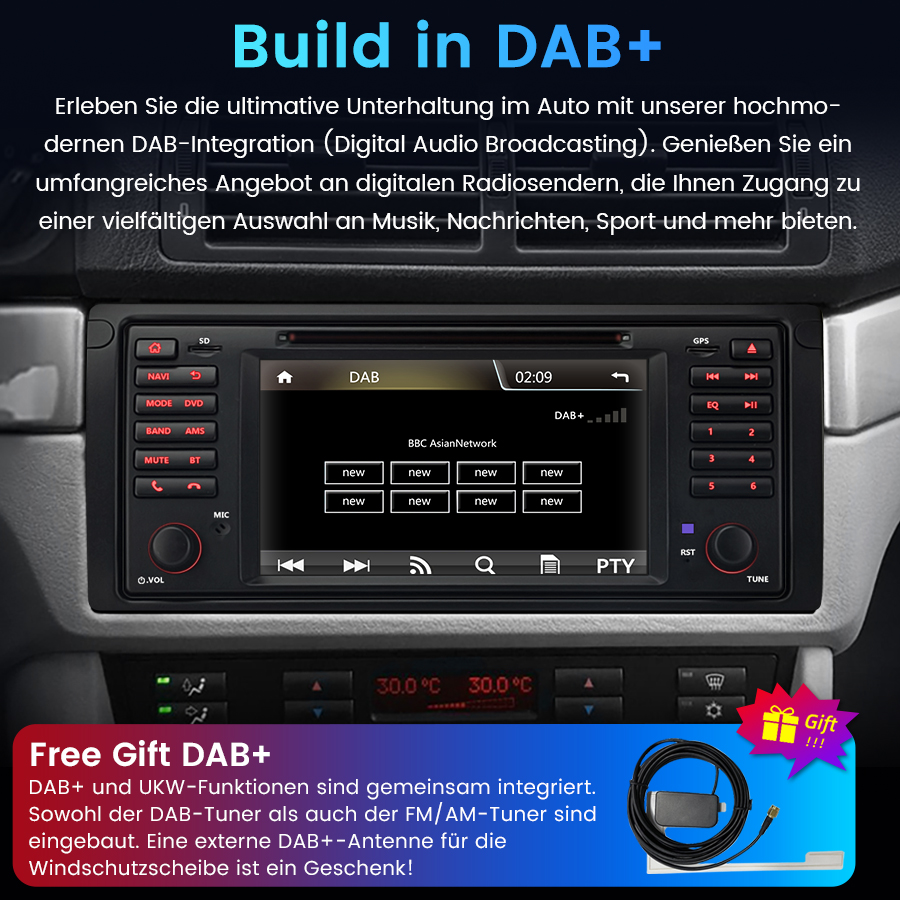 Autoradio mit DAB+ Integration und integrierten Tasten in der Mittelkonsole.