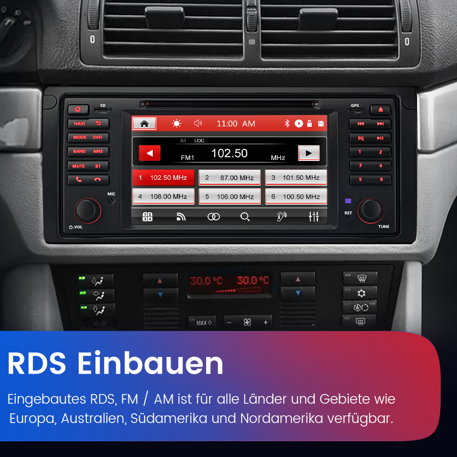 Autoradio mit rotem Display im Armaturenbrett eines Autos, unten Text über RDS.