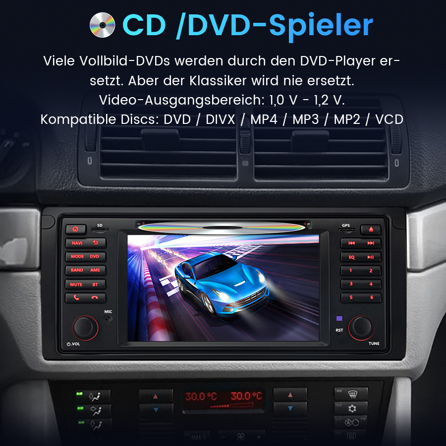 Ein Car-Hi-Fi-System im Armaturenbrett zeigt ein blaues Auto auf dem Display und hat CD-Einschub.